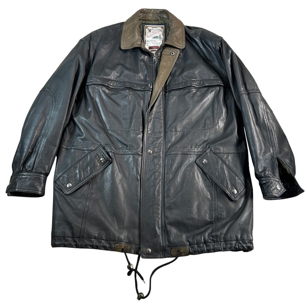 Luis Alvear Mens Black Leather Quilted Lining Utility Jacket Olive Trim Large